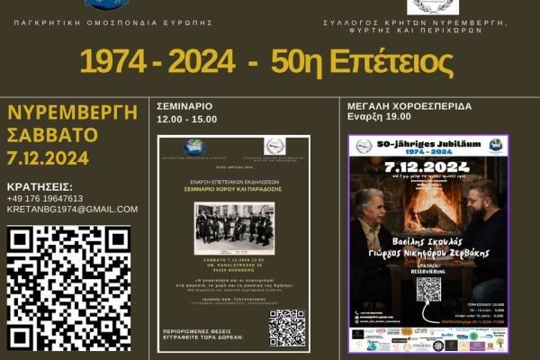 Παγκρητική Ομοσπονδία Ευρώπης-Σύλλογος Κρητών Νυρεμβέργης-Εορτασμός 50 ετών απο Ιδρύσεως