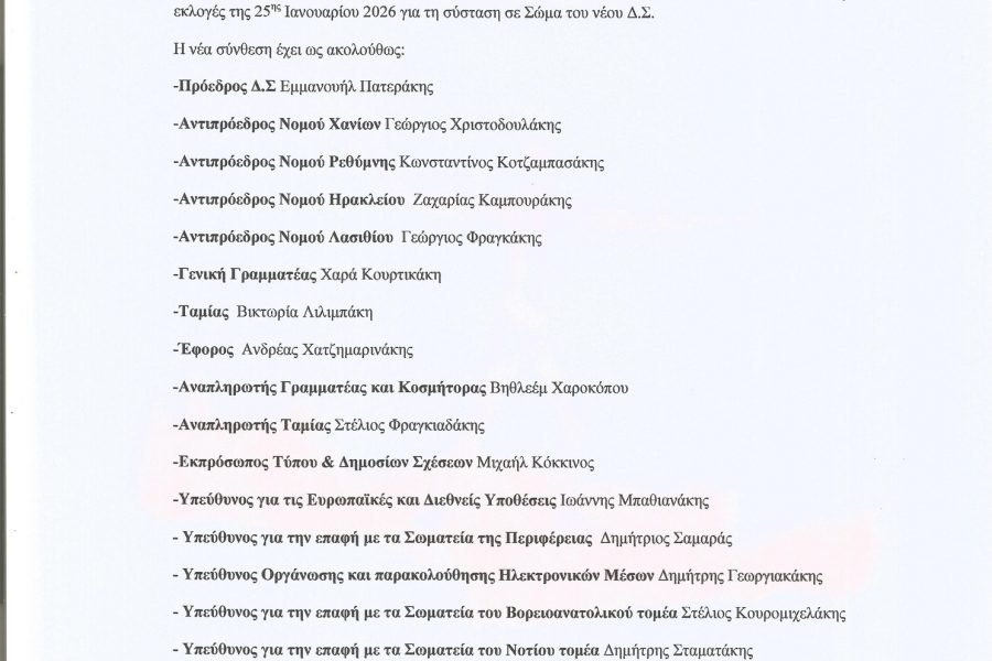 Συγκροτήθηκε σε σώμα το Δ.Σ της Πανελλήνιας Ομοσπονδίας Κρητικών Πολιτιστικών Σωματείων