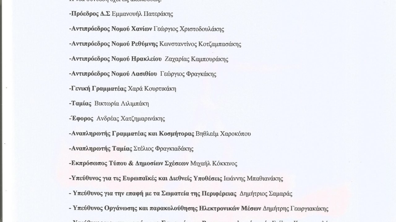 Συγκροτήθηκε σε σώμα το Δ.Σ της Πανελλήνιας Ομοσπονδίας Κρητικών Πολιτιστικών Σωματείων