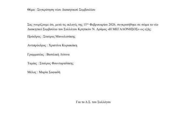 Σύλλογος Κρητών Νομού Δράμας-Συγκρότηση σε σώμα