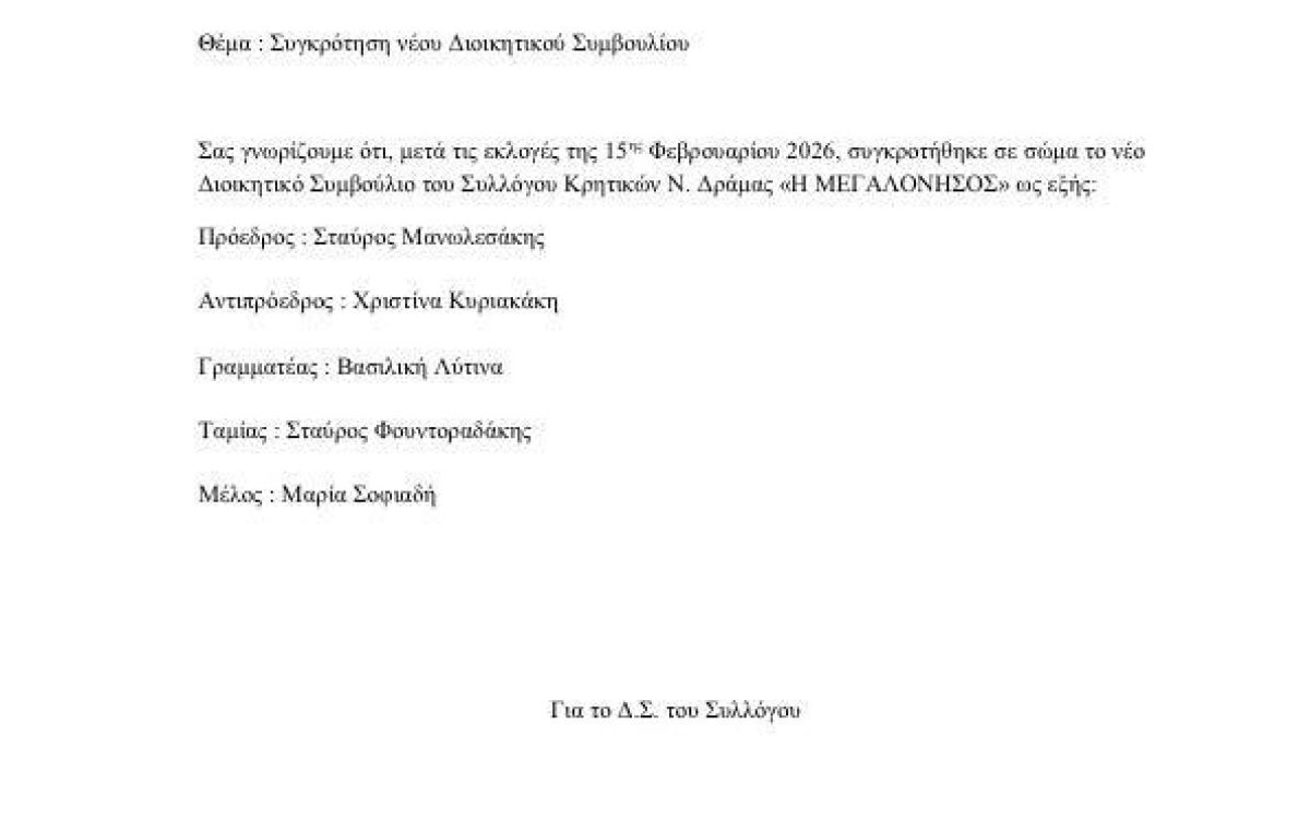 Σύλλογος Κρητών Νομού Δράμας-Συγκρότηση σε σώμα