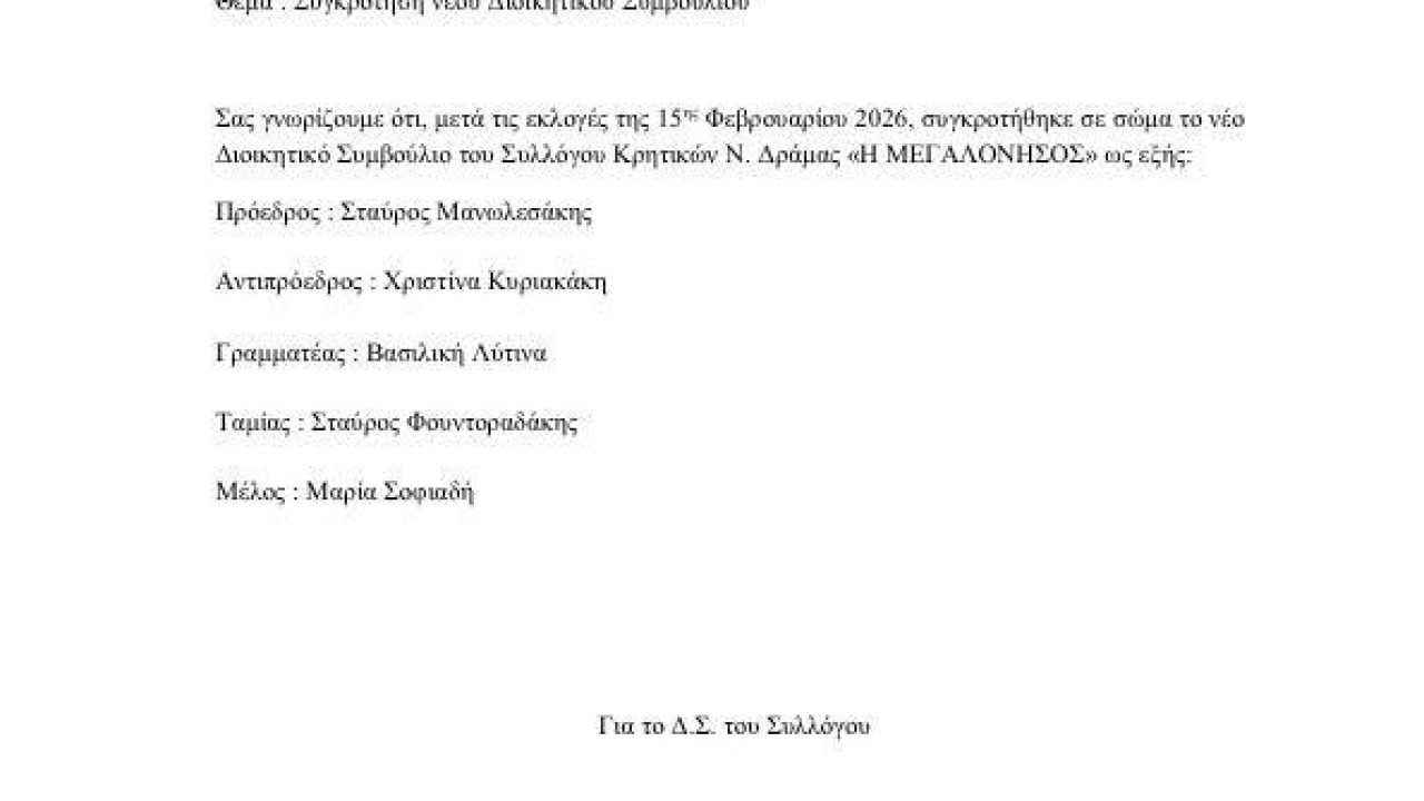 Σύλλογος Κρητών Νομού Δράμας-Συγκρότηση σε σώμα