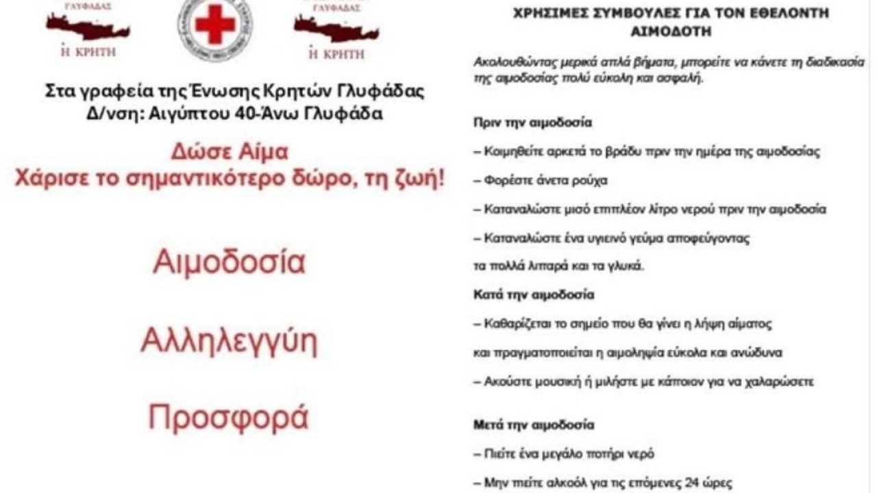 Η Ενωση Κρητών Γλυφάδας πραγματοποιεί  την 2η εθελοντική αιμοδοσία