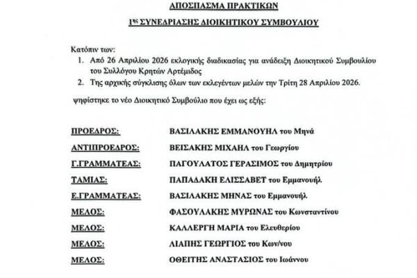 Συγκροτήθηκε σε σώμα το νέο Διοικητικό Συμμβούλιο του Σύλλόγου Κρητών Αρτέμιδος