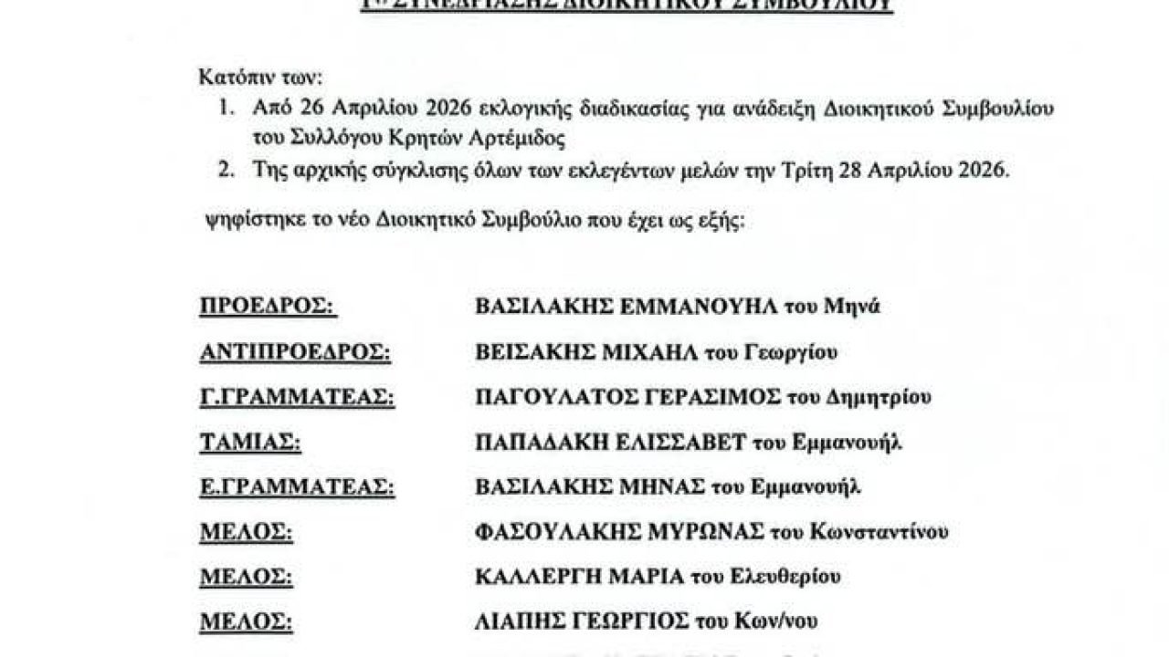 Συγκροτήθηκε σε σώμα το νέο Διοικητικό Συμμβούλιο του Σύλλόγου Κρητών Αρτέμιδος