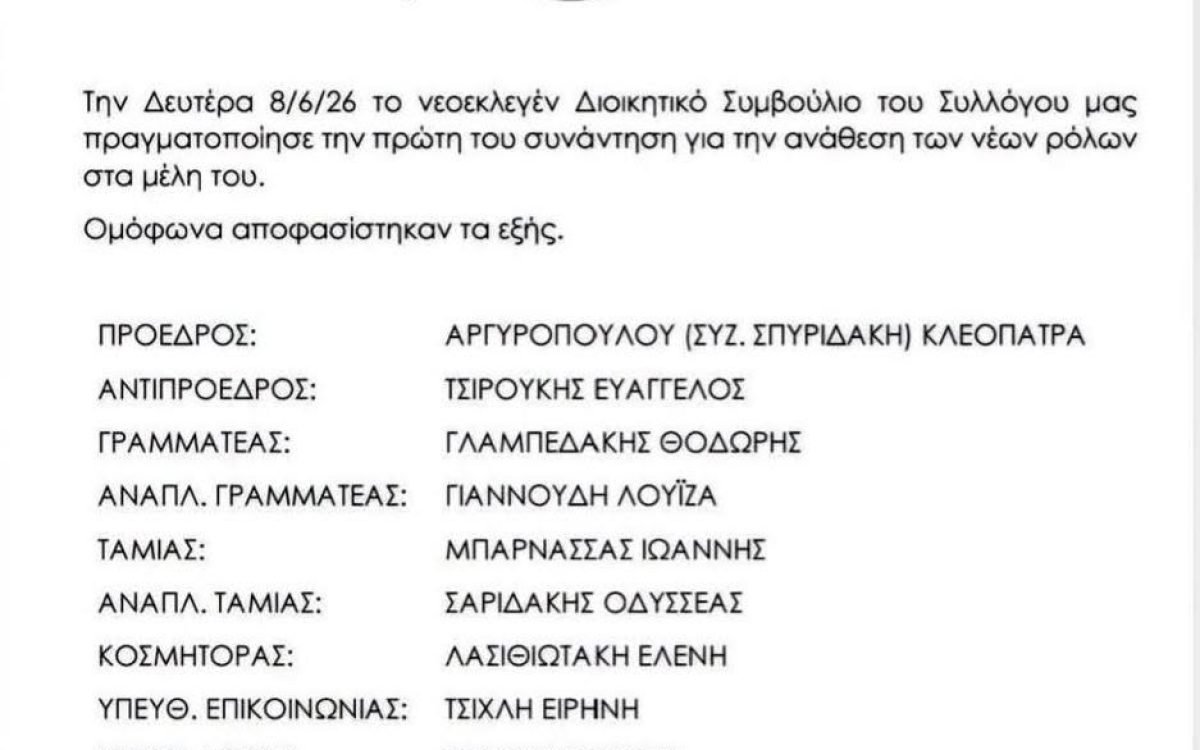 Σύλλογος Κρητών Ηλιούπολης-συγκροτήθηκε το νέο ΔΣ