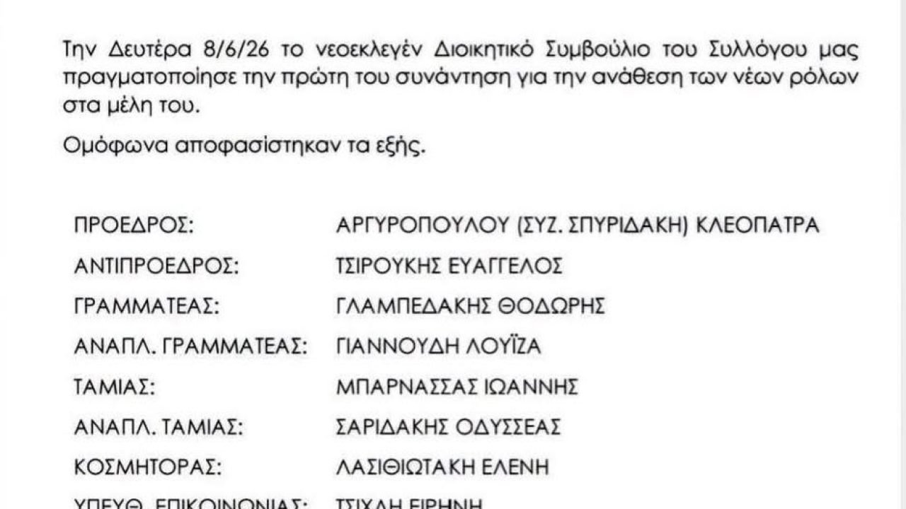 Σύλλογος Κρητών Ηλιούπολης-συγκροτήθηκε το νέο ΔΣ